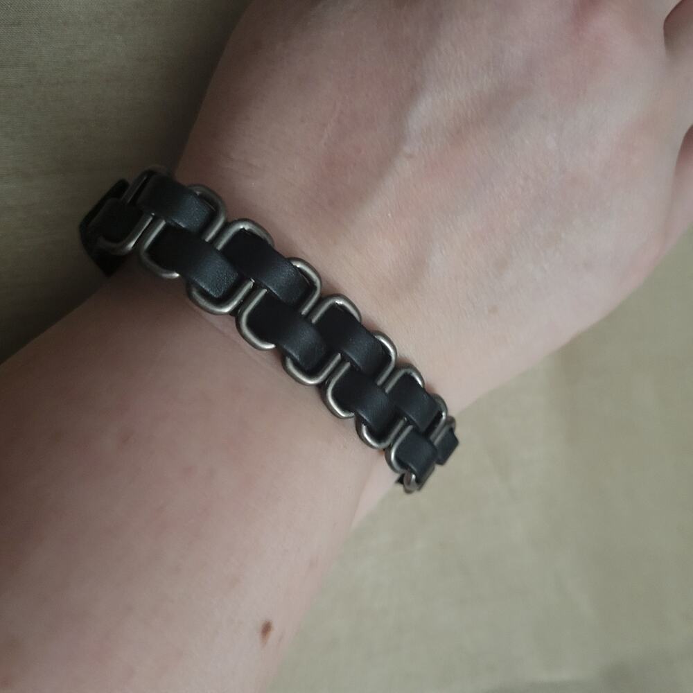 Black and silver woven synthetic leather bracelet